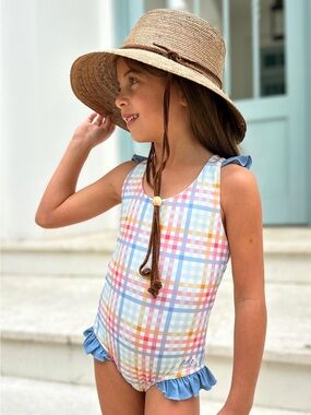 INDIE BLUE Girls Crossback One Piece Swimsuit Size 12/14 Preppy Pastel Plaid
